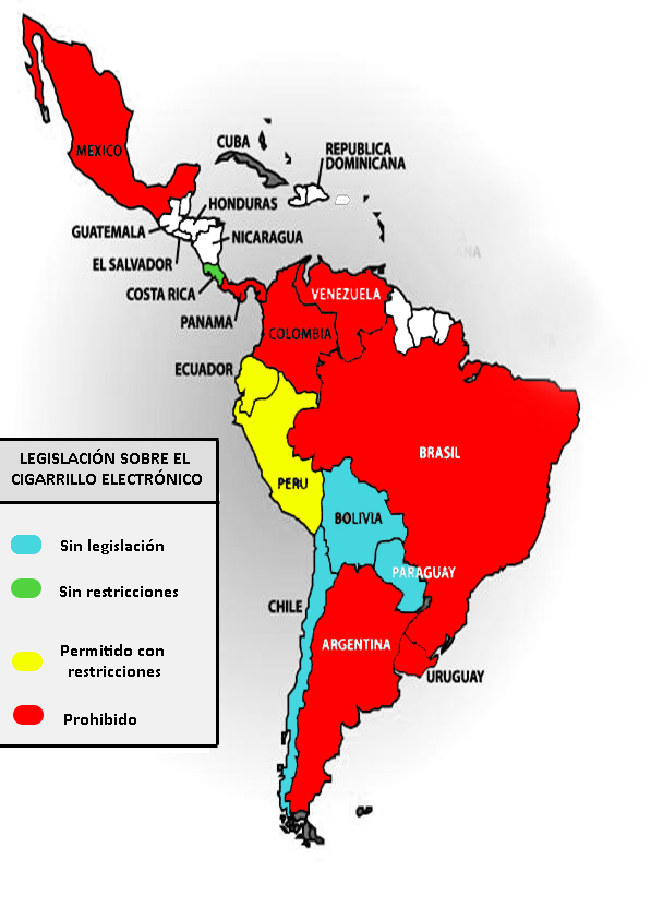 Mapa sobre la ley del cigarrillo electrónico en América Latina. Fuente: Noticias y wikipedia. 